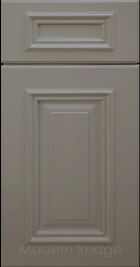 Hamilton cabinet door in Slate color with double raised panel and mitered elevated molding.